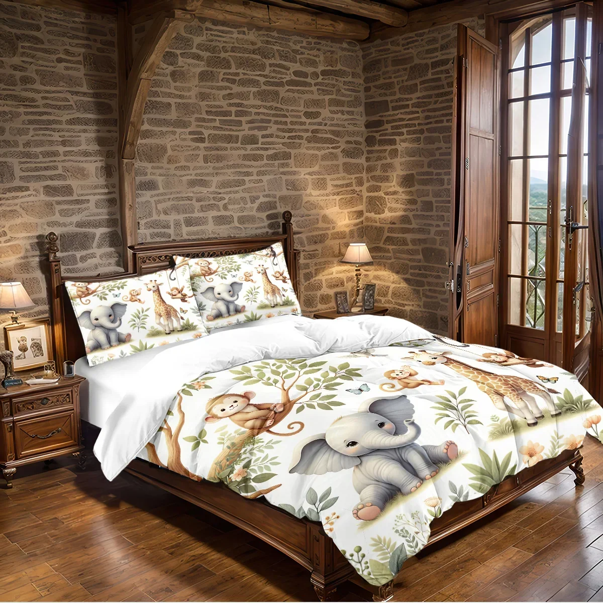 3pcs Duvet Cover Set King Size,Cartoon Zoo Pattern Print,  1 * duvet cover+2 pillowcases-Bedding Set for Bedroom,Hotel