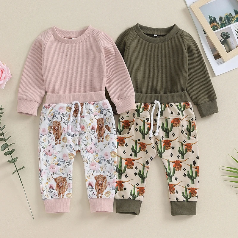 

Spring Autumn Toddler Kids Baby Boys Girls Clothes Sets Solid Waffle Long Sleeve Sweatshirts+Cattle Cactus Pants Casual Outfits