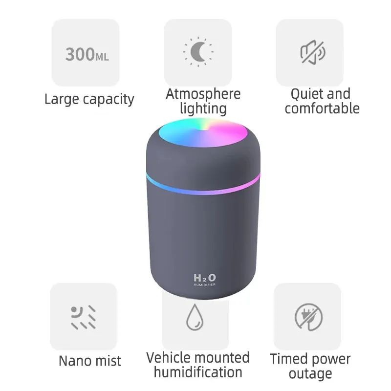 Air Humidifier 1PC 300ML Colorful Atmosphere Light Mute Humidification Mini Creative Cup Desktop Home Car