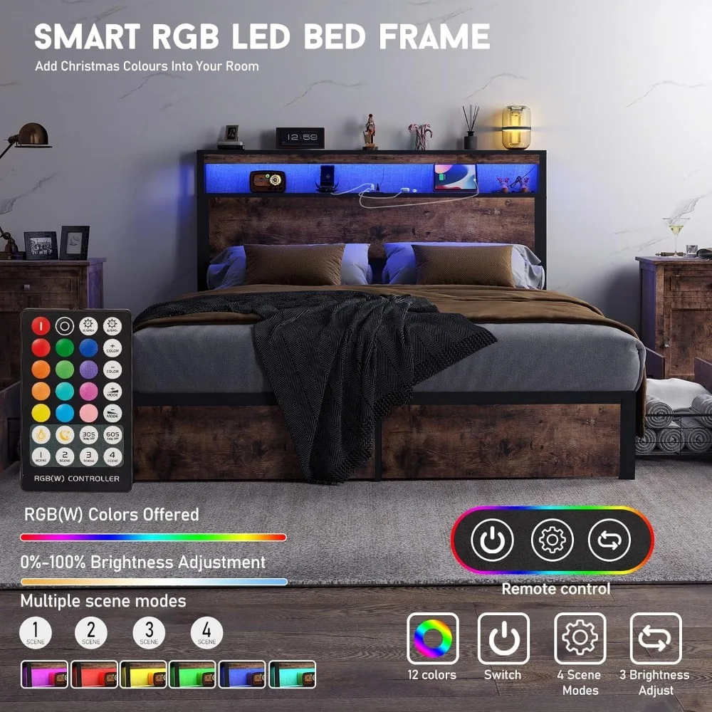 Queen Size Bed Frame with 4 Storage Drawers, Charging Station and LED Lights,2 Tier Headboard Storage, Noise Free, Bed Frame 4
