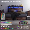 Queen Size Bed Frame with 4 Storage Drawers, Charging Station and LED Lights,2 Tier Headboard Storage, Noise Free, Bed Frame 4
