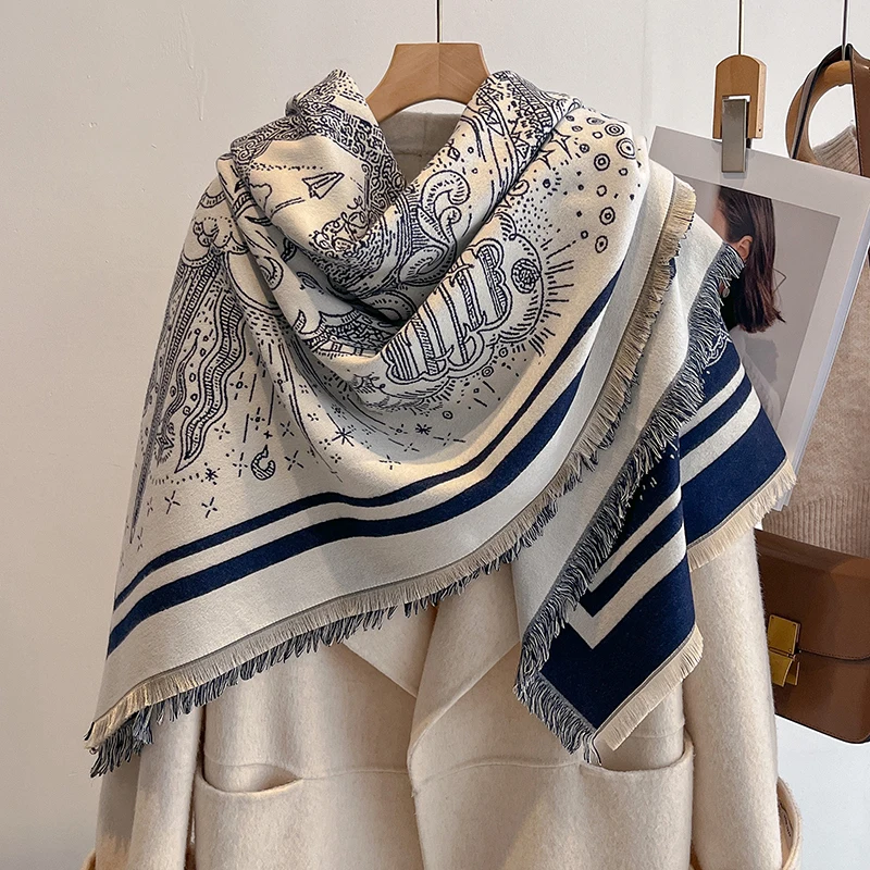 Women's Fashion Faux Cashmere Winter Scarf With Vintage Print And Tassels Soft Warm Shawl For Daily Wear Elegant Wrap Suitable