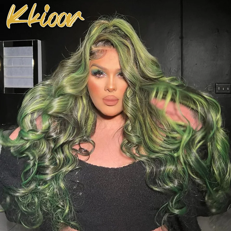 

30 32 Inch Wig Colored Highlight Green Black Wig Human Hair Body Wave 13x4 Lace Front Wigs For Woman Human Hair Wig Remy On Sale