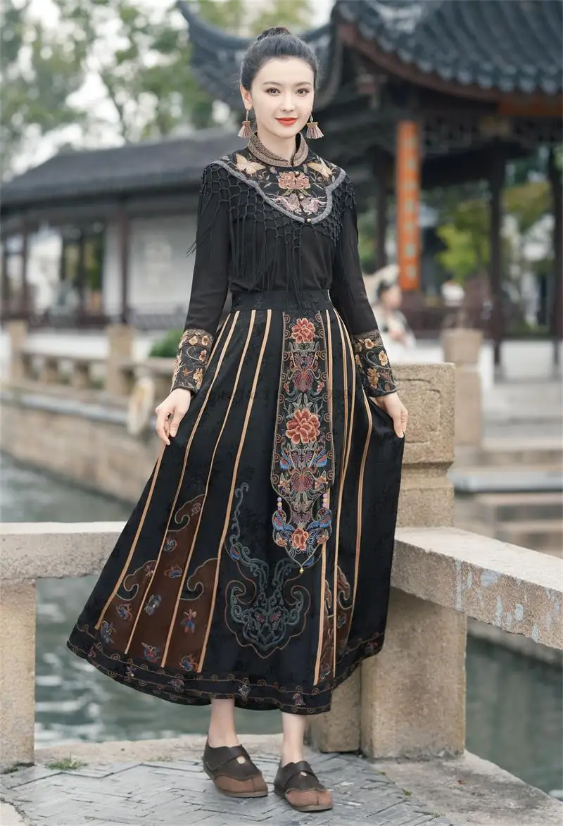 chinese vintage satin jacquard skirt national flower embroidery elastic waist skirt ethnic a-line women streetwear