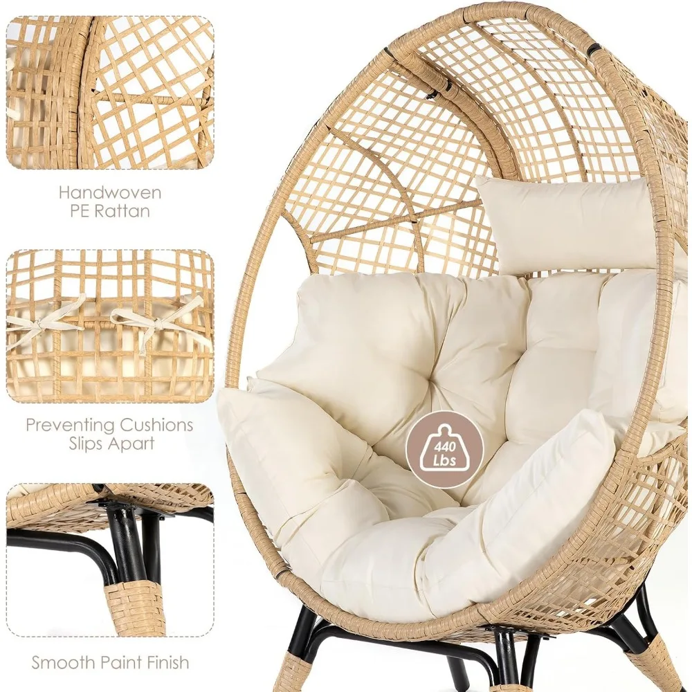 2 Pieces Egg Chair Wicker Patio Egg Chair with Ottoman Rattan Teardrop Cuddle Cocoon Chair for Indoor Outdoor Bedroom Porch Back 4