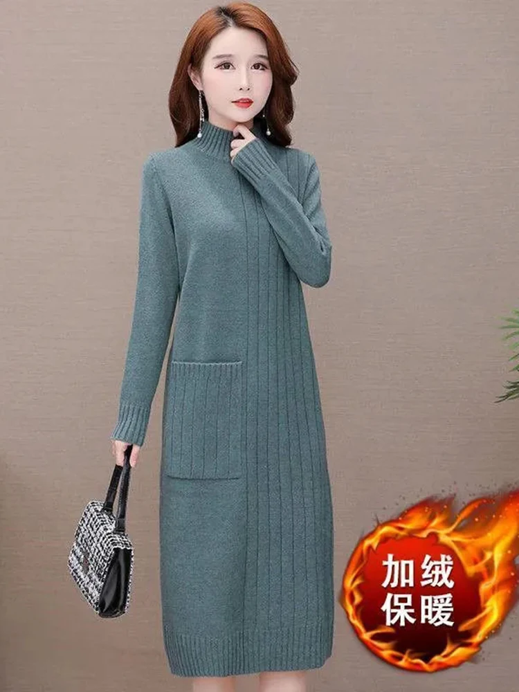 Elegant Thicken Soft Knitted Dress Loose Korean Half Turtleneck Knitwear Midi Dresses Casual Sweater Vestidos Women New Robe