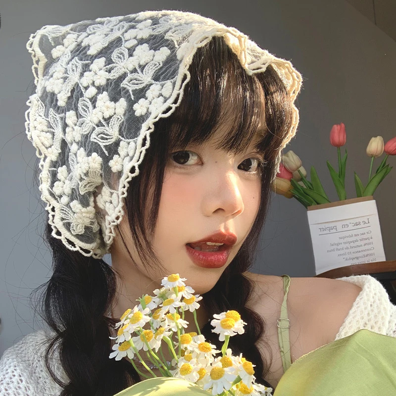 프렌치 레이스 삼각형 헤어 스카프, 한국 헤어 밴드, 스위트 스카프, 용수철, 여름, 여성, 소녀, 머리 장식