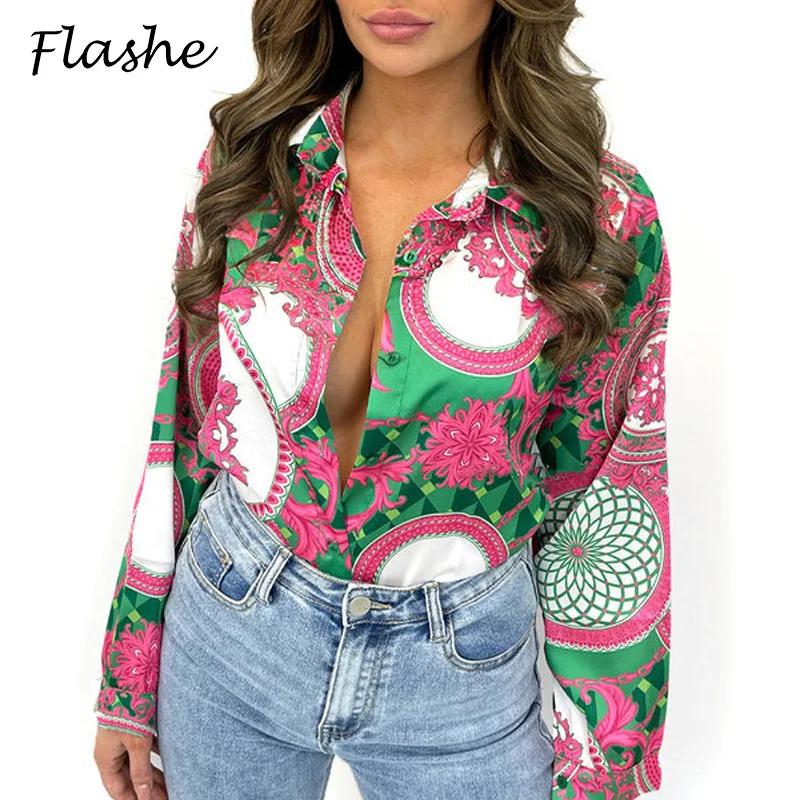 

2022 Women Vintage Print Blouse Casual Turn Down Collar Long Sleeve Shirts For Women Fashion Spring Autumn Loose Tops