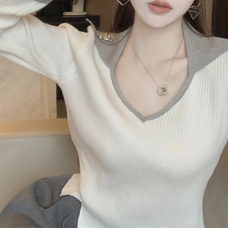 

Korean Fashion Unique Design Knit V-Neck Sweaters Ladies Autumn Winter Slim Elastic Knitted Pullover Sexy Short Top