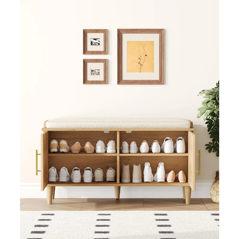 Rattan Shoe Storage Bench with Cushion, Adjustable Shelves, 2 Doors for Entryway, Living Room