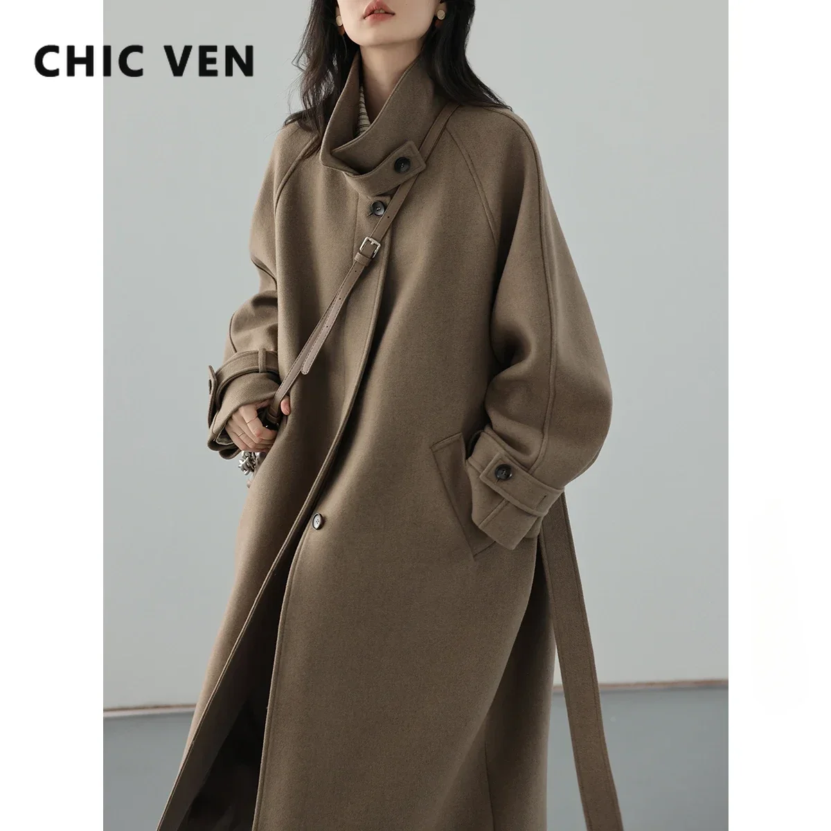 CHIC VEN 여성용 롱 트렌치 코트, 스탠딩 벨트, 레이스업 모직 코트, 라글란 소매, 롱 오버코트, 오피스 레이디, 가을, 겨울 2023