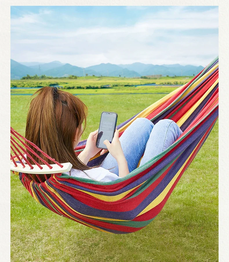 Single Double hammock 200X150cm outdoor anti-rollover canvas hammock swing mesh wooden stick double thickening 2