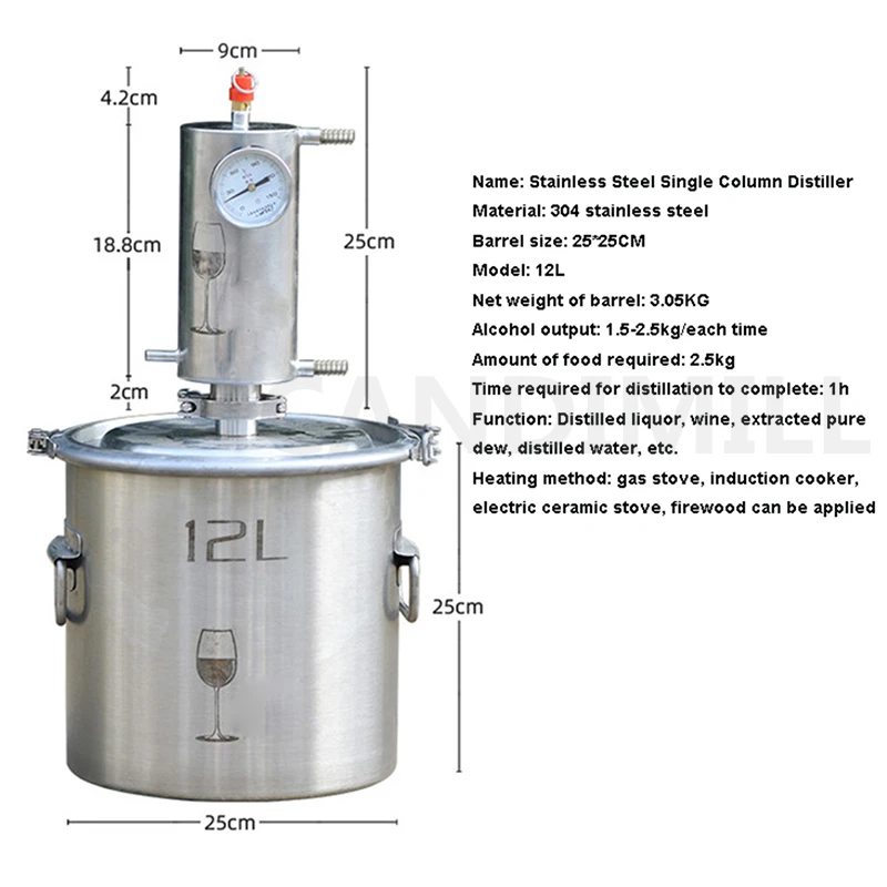 12L Alcohol Still Distillation Machine Stainless Steel Liquor Distilling Home Brew Wine Making Kit Moonshine Distiller
