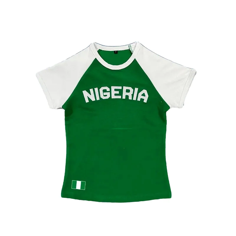 2025 Summer New y2k Leisure Color Blocked Embroidered Nigeria Letter Green T-shirt trend 2025 Women's Clothing Crop Top