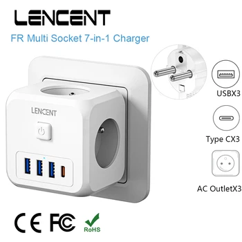 3 USB 포트 + 3 AC 콘센트 + 1 타입 C 7 인 1 벽면 소켓 온/오프 스위치가있는 LENCENT FR 멀티 소켓 큐브 전원 어댑터, 가정용