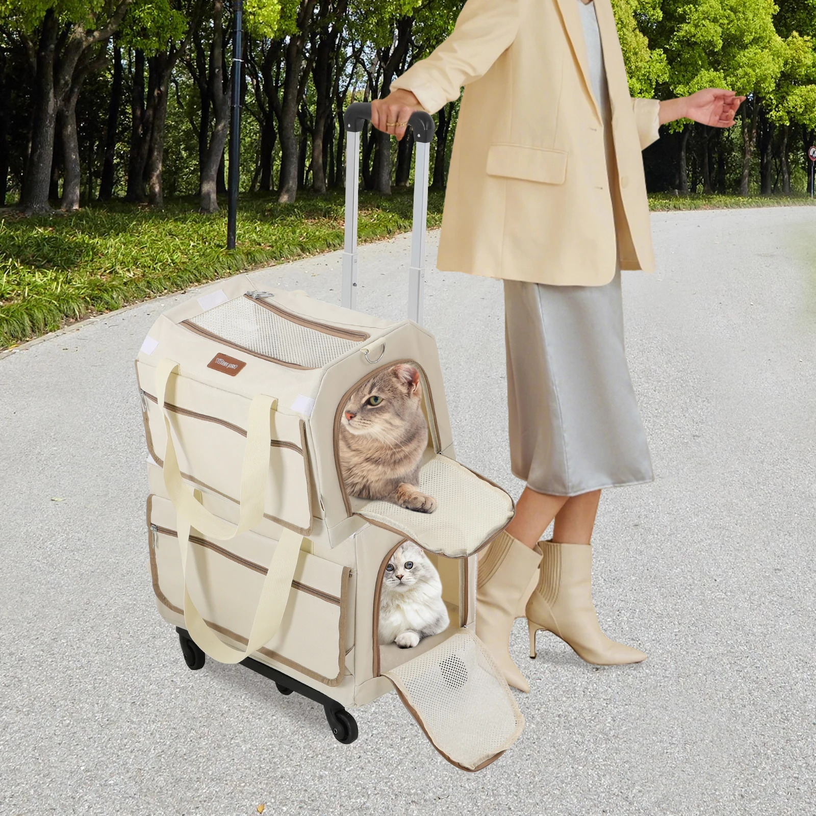 Double-Layer Rolling Pet Carrier – Trolley Suitcase with Mesh Windows for Cats & Dogs