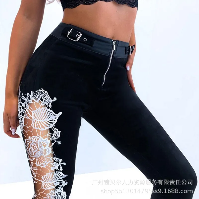 

2023 INS Y2K Autumn Summer Slim Fit Lace Patchwork Trousers Leggings Eyelet Buckled High Waist Zipper Pants for Women