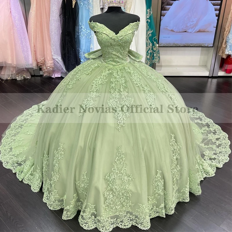 

KADIER NOVIAS Long Ball Gown Lace Green Vestidos De 15 Quinceanera Dresses with Bow Lace Up Vestidos Para Mujer Party Dresses