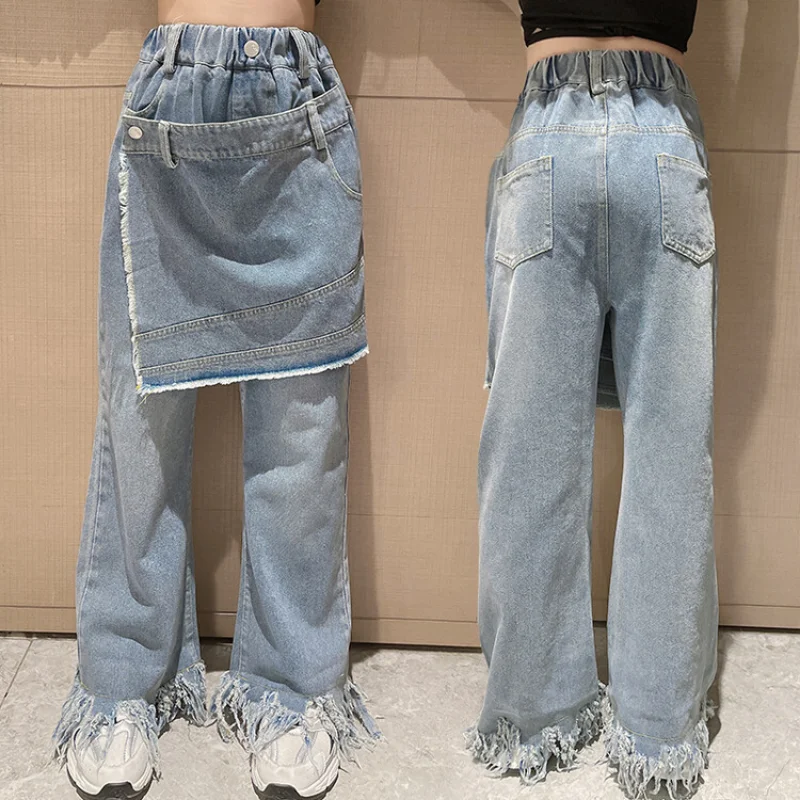 

Teen Girl Clothes Elastic Waist Trousers Spring New Streetwear Jeans Children's Clothing Loose Casual Denim Wide Leg Pants 4-14Y