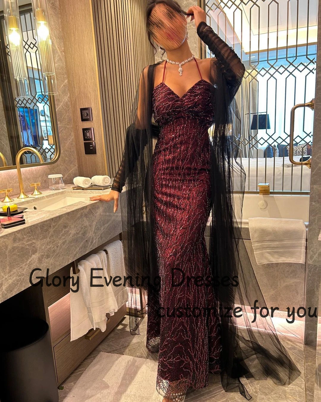 

Sparkly Spaghetti Straps Backless Prom Dresses Mermaid Floor-Length Oversleeves Sexy Evening Dresses Formal Occasion Party Gown