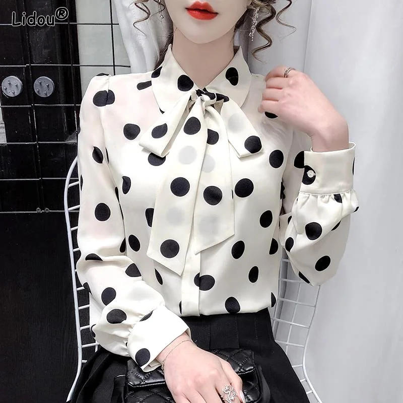 Generous Straight Chiffon Dot Pattern Blouses Scarf Collar Loose Spring Summer Formal Women's Clothing Casual Lacing Bow Tie