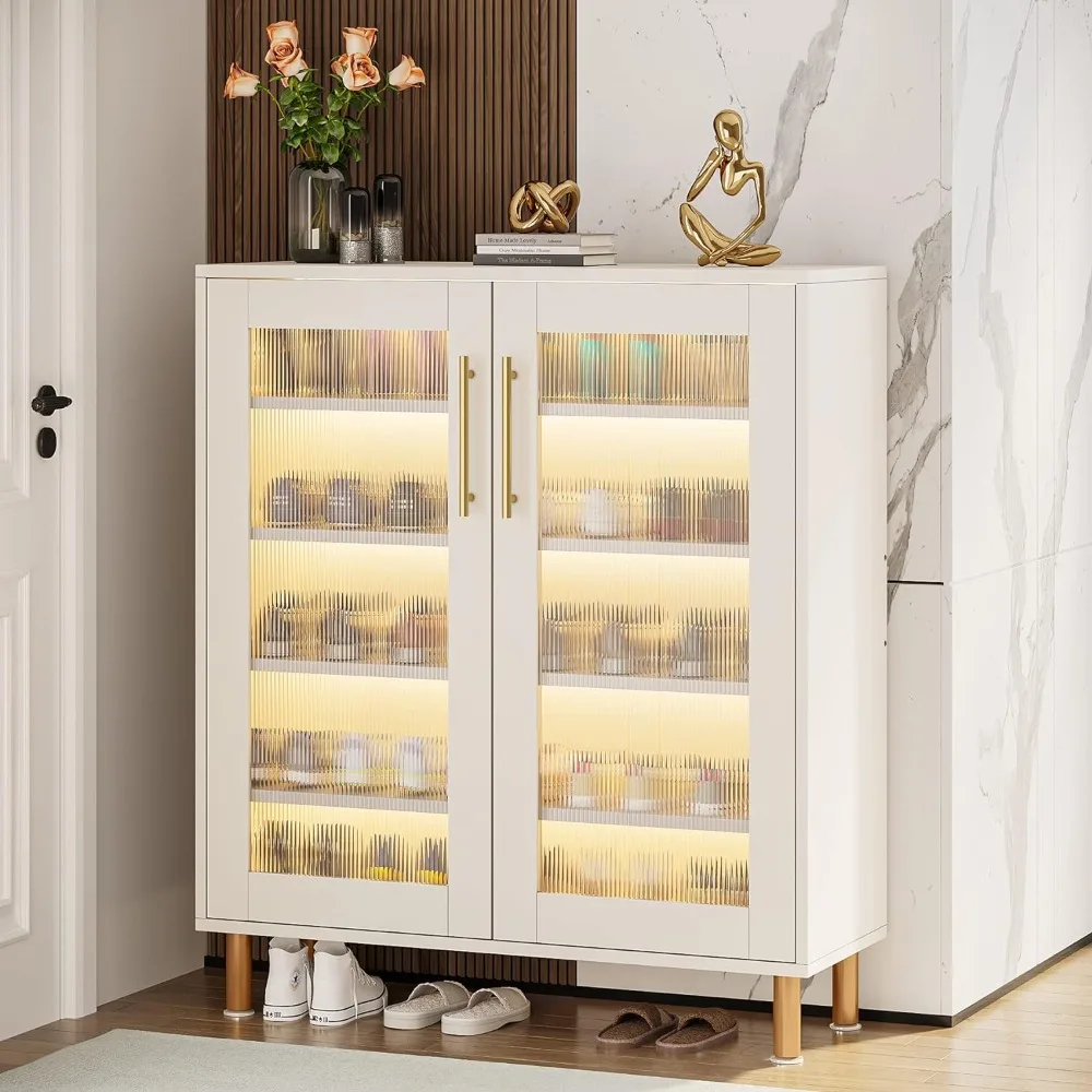 

Shoe Cabinet with Acrylic Doors and LED Light, 24 Pairs Entryway Shoe Organizer Storage Rack with 5-Tier Adjustable Shelves