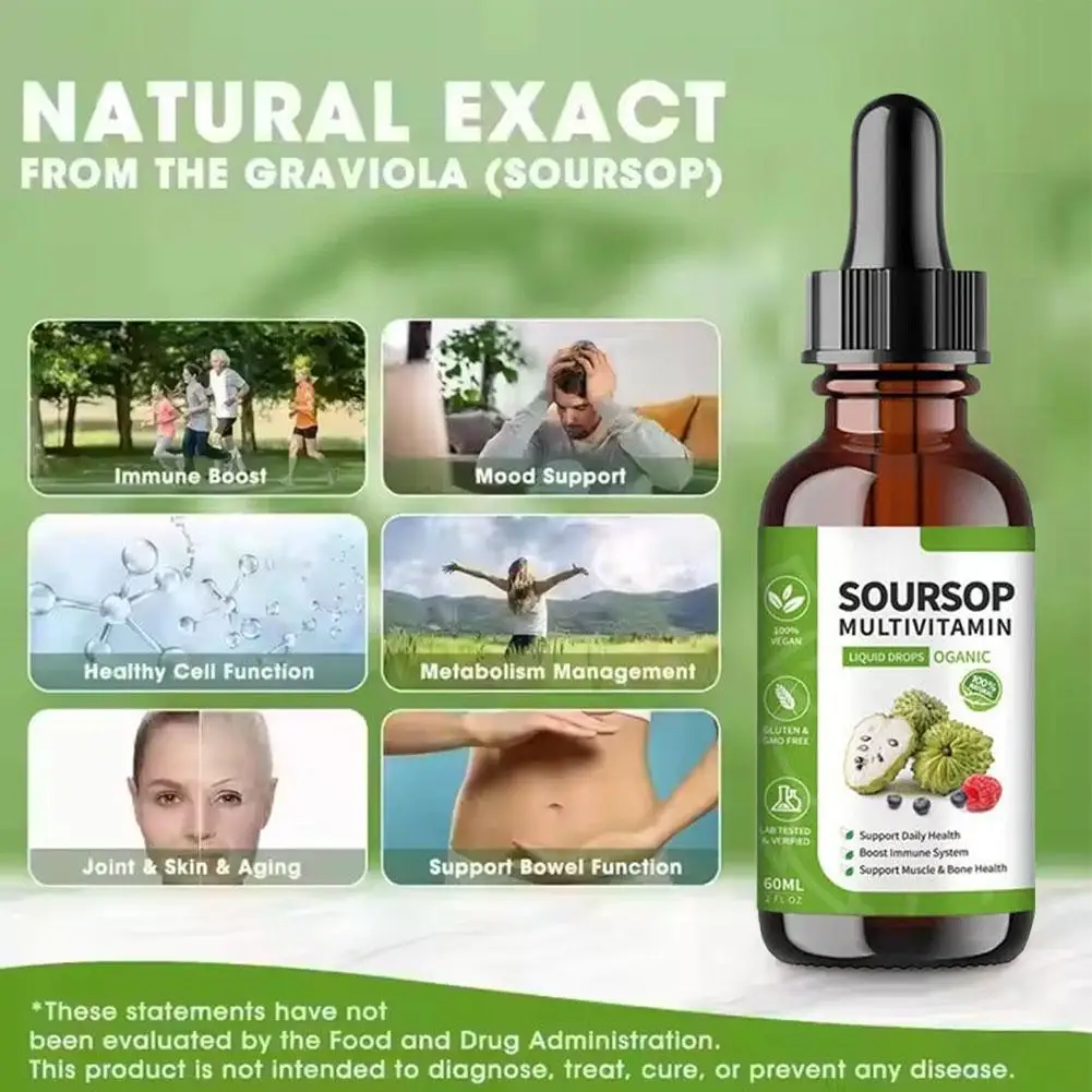 60ml Soursop Multivitamin Liquid Drops Dietary Supplement Support Muscle&Bone Daily Health Boost Immune System
