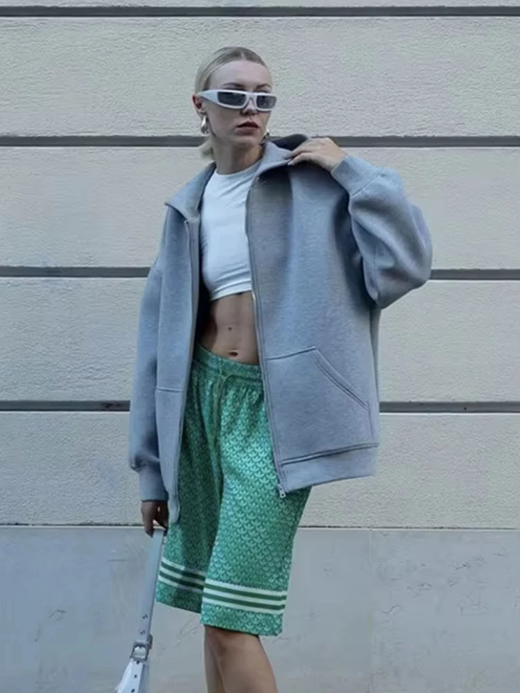 HH Autumn Women Casual Hooded Jacket Loose Oversize Zipper Hoodie Sweatshirts Solid Coat Office Lady Chic Outwear Tops