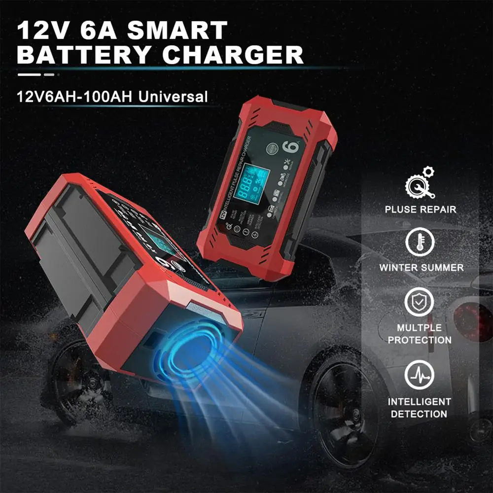 Car Battery Charger 6A 12V Car and Motorcycle Battery Charging Device Lead-acid Battery Smart Repair LCD Display auto tools