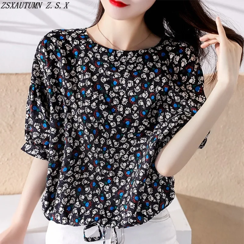 

Chiffon Shirt Women's Mid Sleeved Summer Korean New Elegant Fashion Vintage Printed Blouse Female All Match Simple Casual Tops