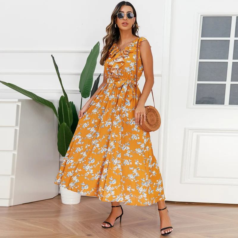 

2023 New Summer Fashion European and American Sexy V-neck Printed Large Chiffon Vacation Beach Dresses for Women