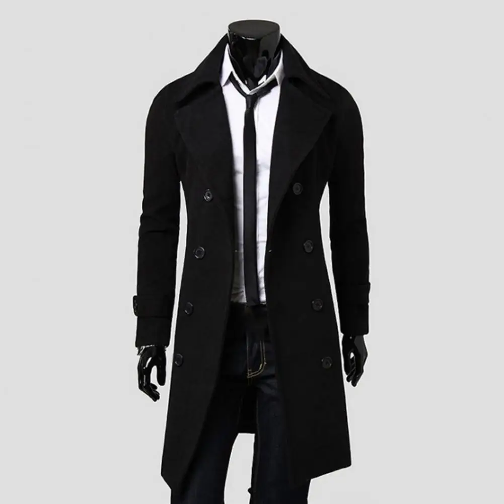 

Stylish Men Jacket Outwear Long Trench Coat Double-breasted Coldproof Pure Color Jacket Comfy