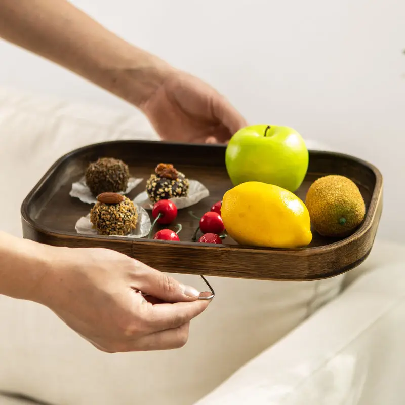 Sofa Side Table Home Creative Bamboo Sofa Handrail Tray Round Tea Tray Hotel Desserts Fruit Bamboo Wooden Small Storage