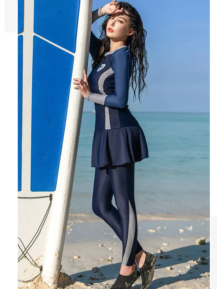 Women's 4pcs/set Long Sleeve Rash Guards, Quick Dry Swim Shirt+Skirt+Legging Tankini Full Body Water Surf Swimsuit Bathing Suit