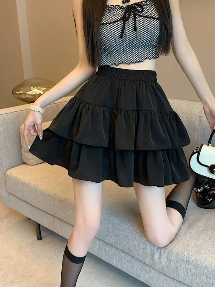 2024 New Ruffled Cake Skirts Women High Waist A-line Solid All-match Sweet Lovely Girl Korean Gentle Spring Kawaii Casual Skirts 4