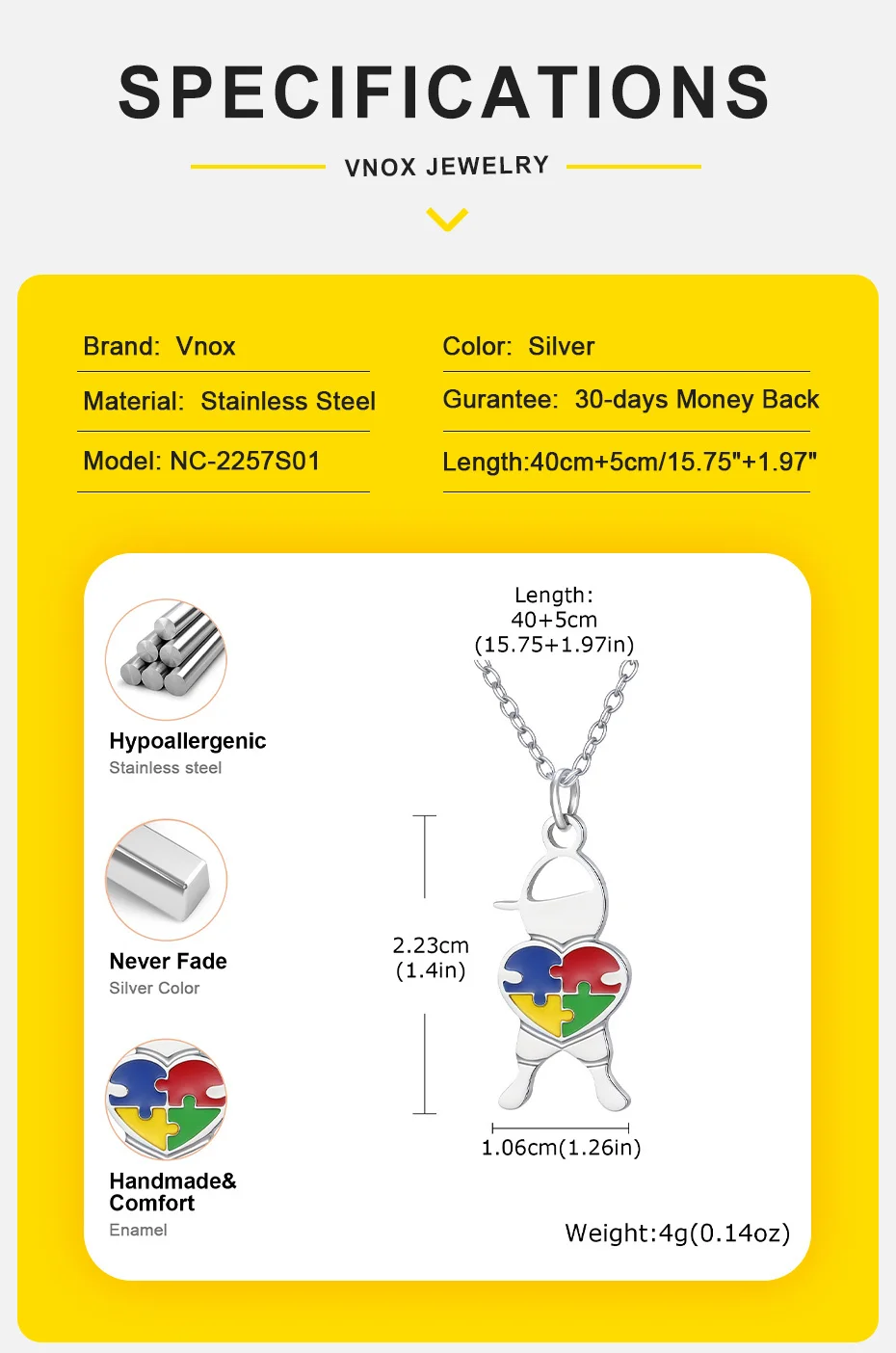 Vnox herzförmige Puzzle-Halskette aus Edelstahl, Autismus-Bewusstseins-Puzzle-Anhänger für Jungen und Mädchen, Modeschmuck-Geschenke – Detail 4