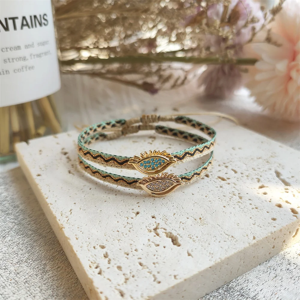 

KKBEAD Copper Zircon Charm Evil Eye Bracelets Bohemian Fabric Braided Wristband Bracelet for Women Vintage Pulsera Boho Jewelry