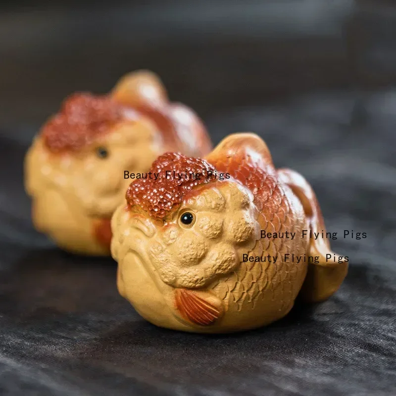 Yixing Purple Clay Tea Pet Lucky Goldfish Statue Desktop Tea Ceremony Decoration Crafts