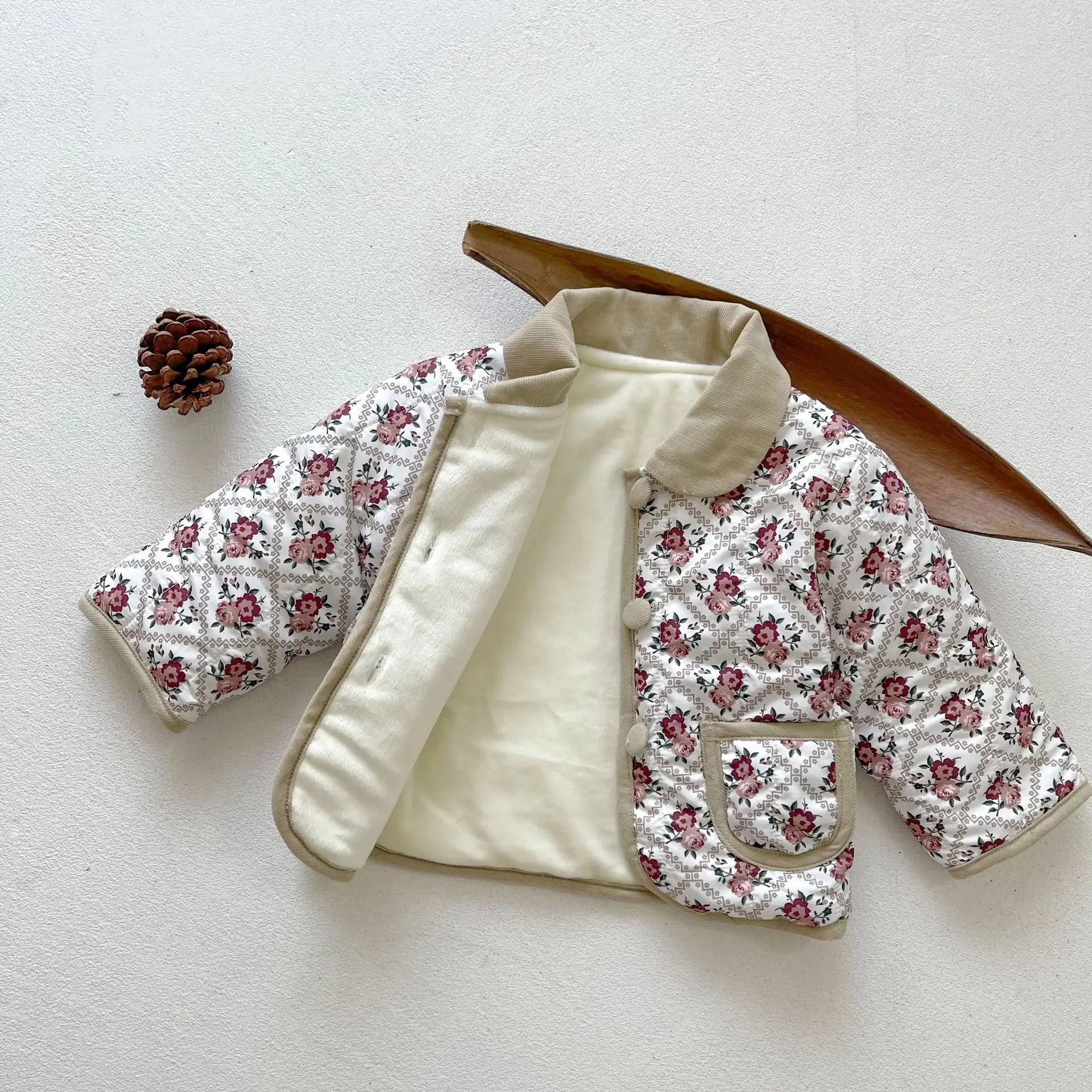3618D Baby Coat Winter Cotton-padded Baby Girl's Jacket Floral Pocket Padded Cotton Jacket Cotton Coat
