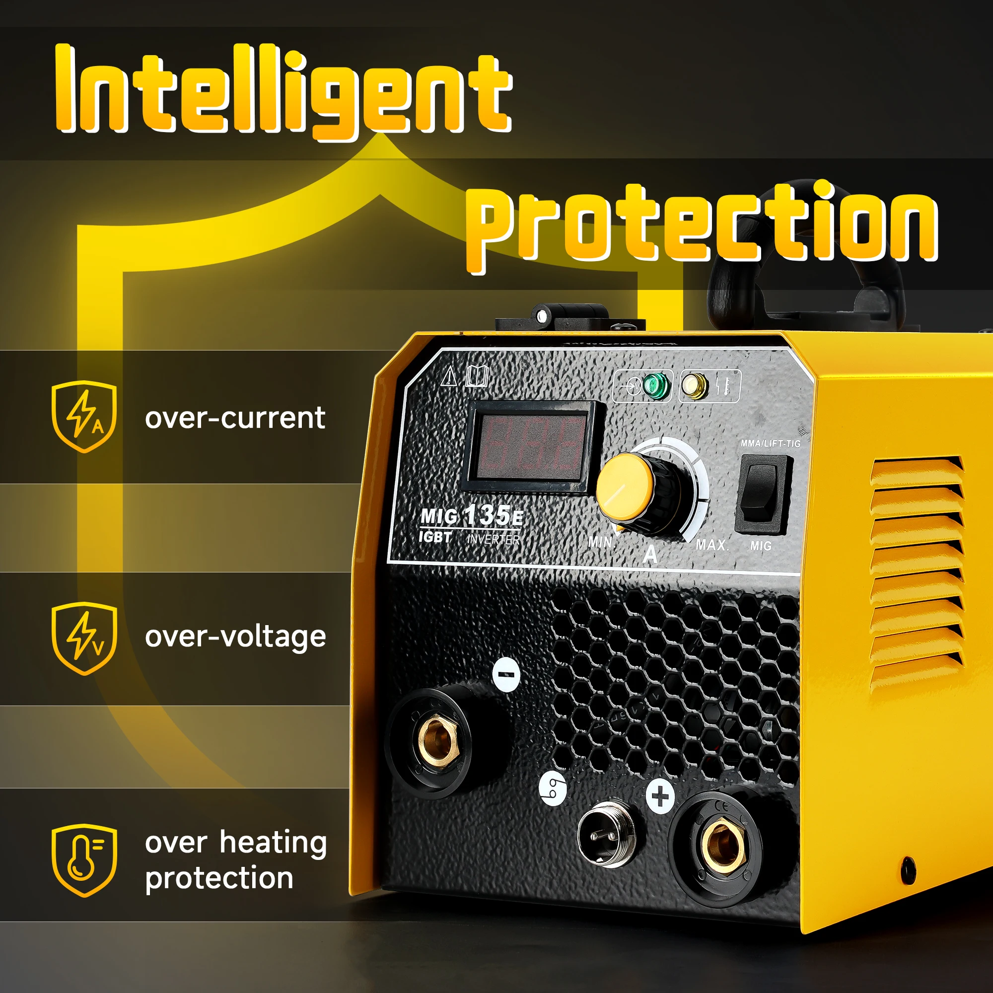 MIG Welder 135E 3-in-1 Flux Core Welder MIG/Lift TIG/Stick Welding Machine 110v with Synergic Control IGBT Inverter