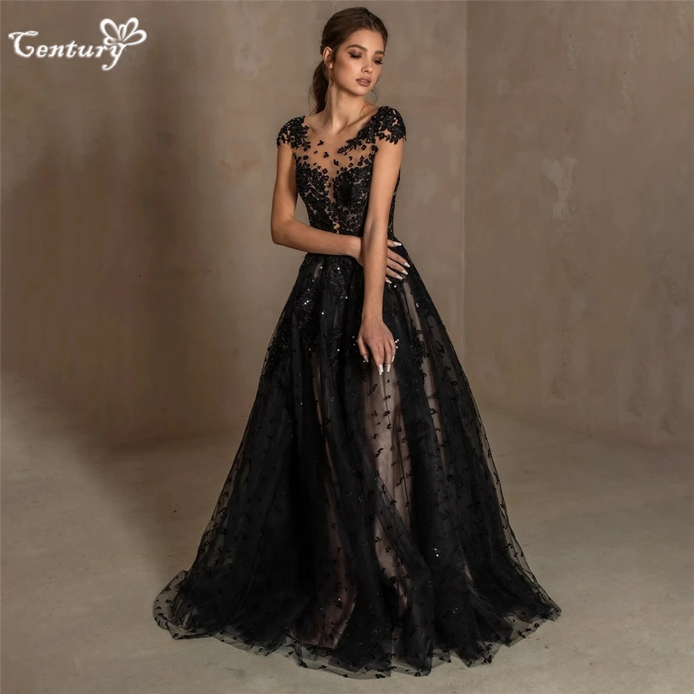 

Black Wedding Dress Sequins Appliques Cap Sleeve Floral Lace Backless A Line Bridal Gowns Bride Dress Vestidos De Noiva 2024