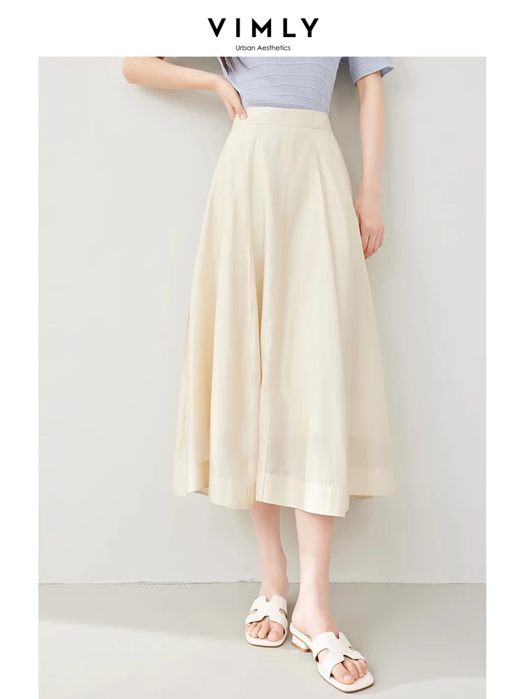 Vimly French Style High Waist Umbrella A-line Skirt Woman 2024 Spring Lyocell Apricot Elegant Midi Skirts Women's Clothing M6350