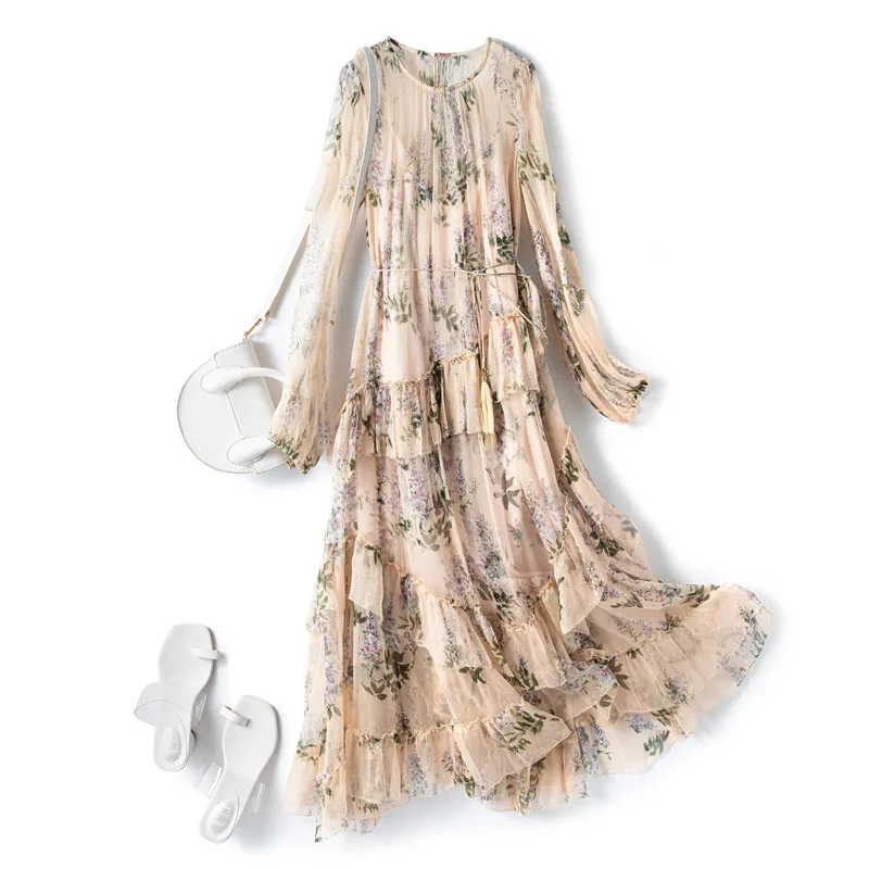 

Spring Summer Dress Women's Clothing Printed Silk Dress Lacing Swing Dresses for Women Long Sleeve Dress Vestido De Mujer LM860