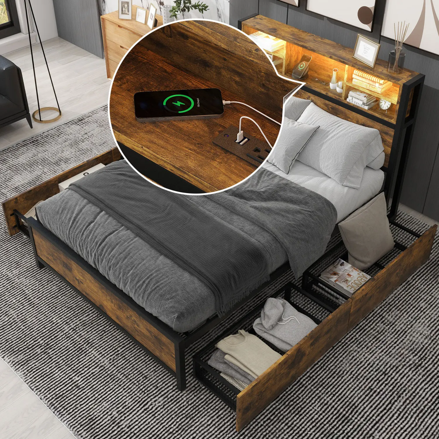 

Full Black Metal Platform Bed With 4 Spacious Drawers, Convenient Sockets and Handy USB Ports