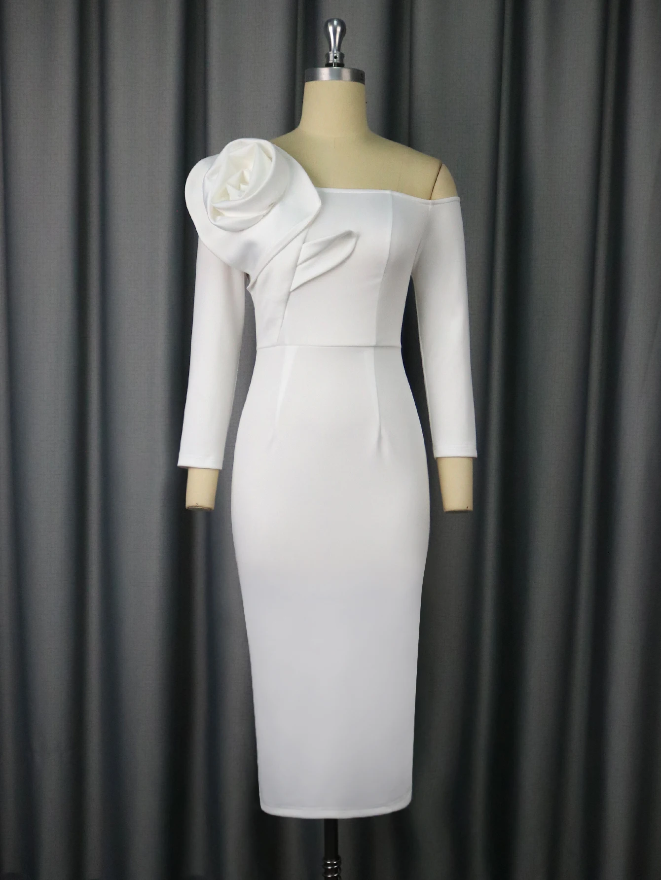 Women One Shoulder Midi Dresswith 3D Flower Asymmetric Sleeve Package Hip Bodycon  Elegant Cocktail Party Evening Event Outfit - AliExpress 200000345