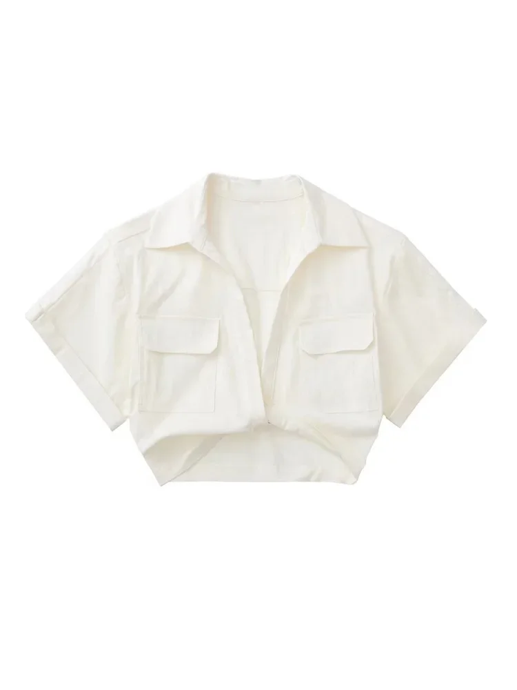 

Women Fashion Front Knot Elastic Linen Cropped Shirts Vintage Short Sleeve Patch Pockets Female Blouses Blusa Chic Tops