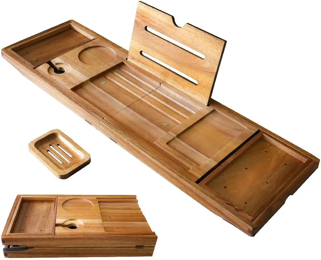 Foldable Bathtub Tray Expandable to 105cm for Luxury Bath, Bath Tray for Bathtub (Acacia Wood)