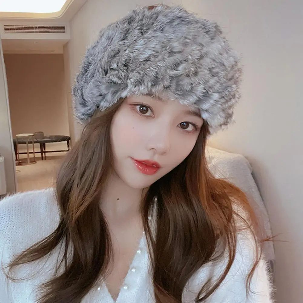 

Women Knitted Hair Band Hat Cozy Winter Women's Faux Rabbit Fur Hair Band Hat with Elastic Dome Trendy Plush Hair for Autumn