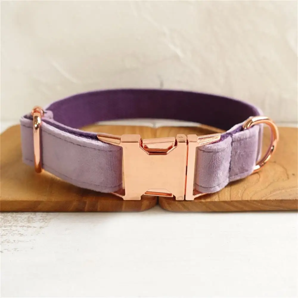 Personalized Dog Collar Custom Pet Collar Free Engraving ID Name Tag Pet Accessory Purple Thick Velvet Puppy Collar Leash