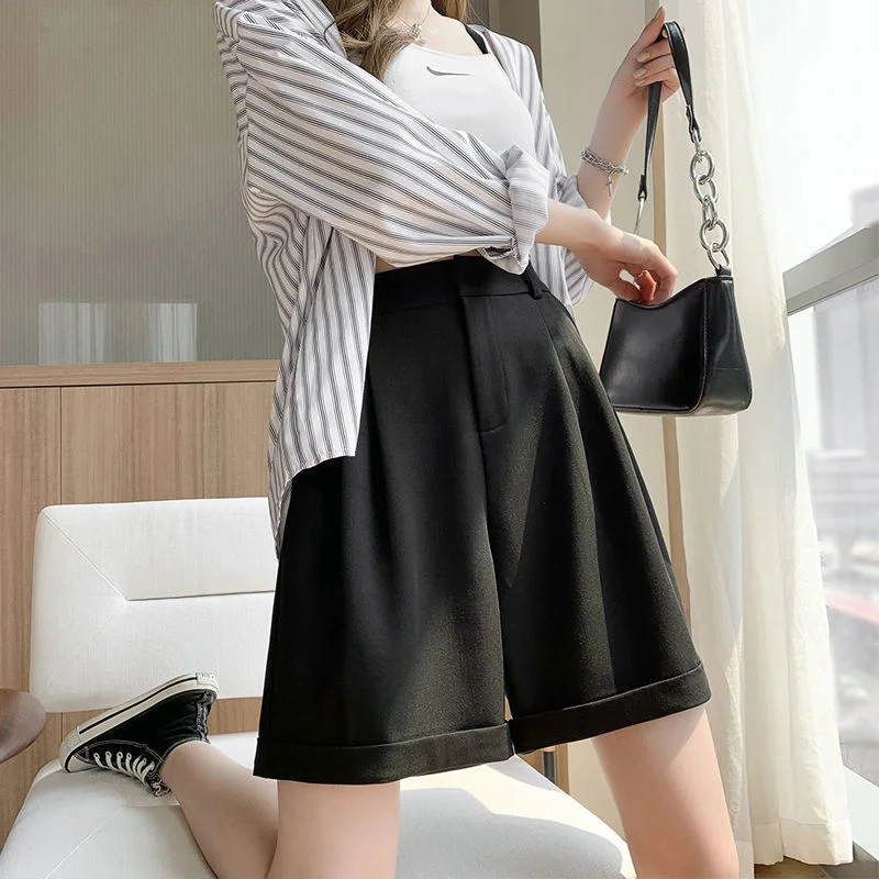 Summer  Wide Leg Loose Bermuda Shorts for Women High Waist Pink Black Cotton Shorts Free Belt Suit Pants OL Bermuda Femme